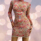 Shining Rhinestones Print Long Sleeve Short Dress